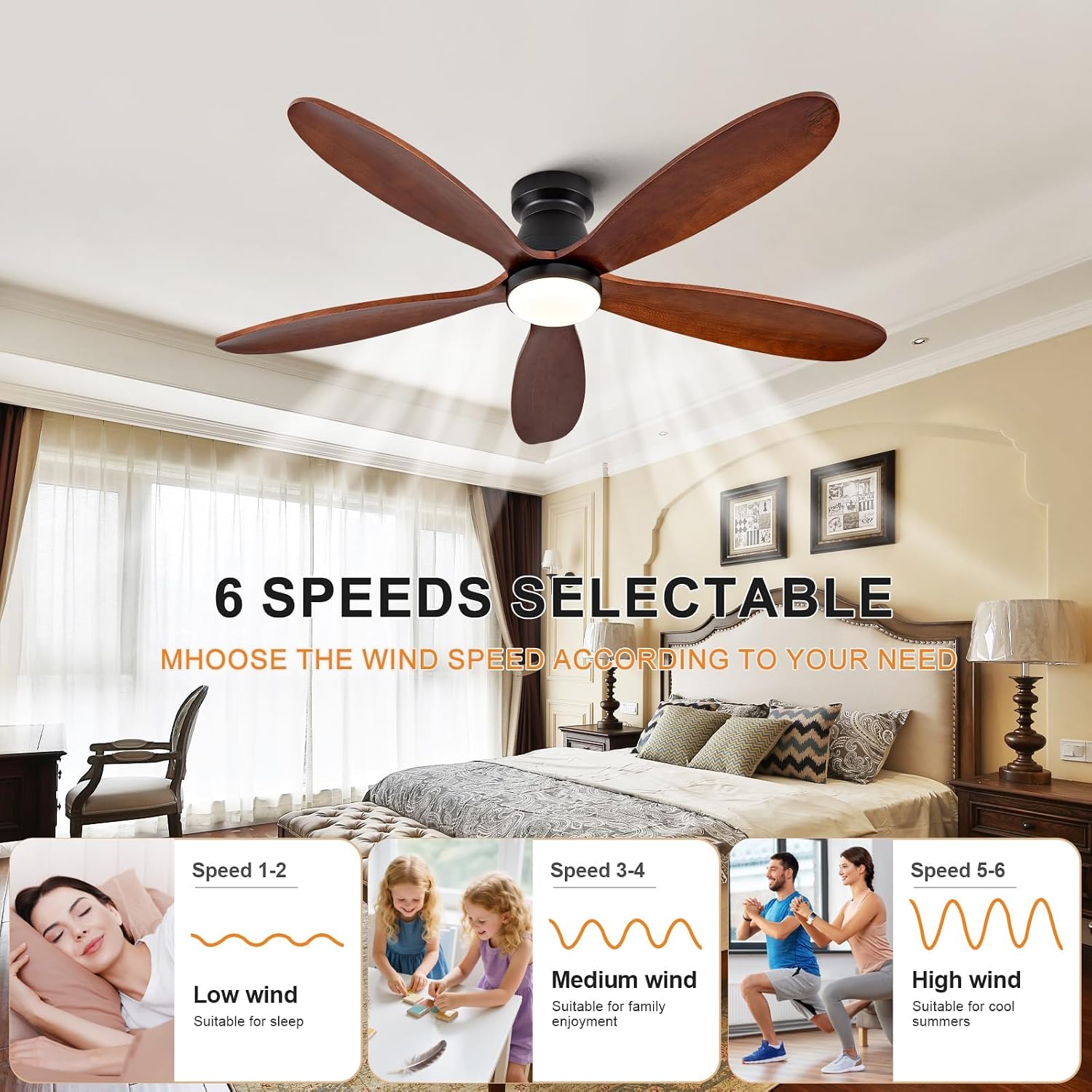48 Inch Ceiling Fans with Lights and Remote, Low Profile Flush Mount Modern Ceiling Fan with Light, Indoor Outdoor Wood Ceiling Fan for Patio Dining Room, Wall Switch, 6 Speed DC Motor
