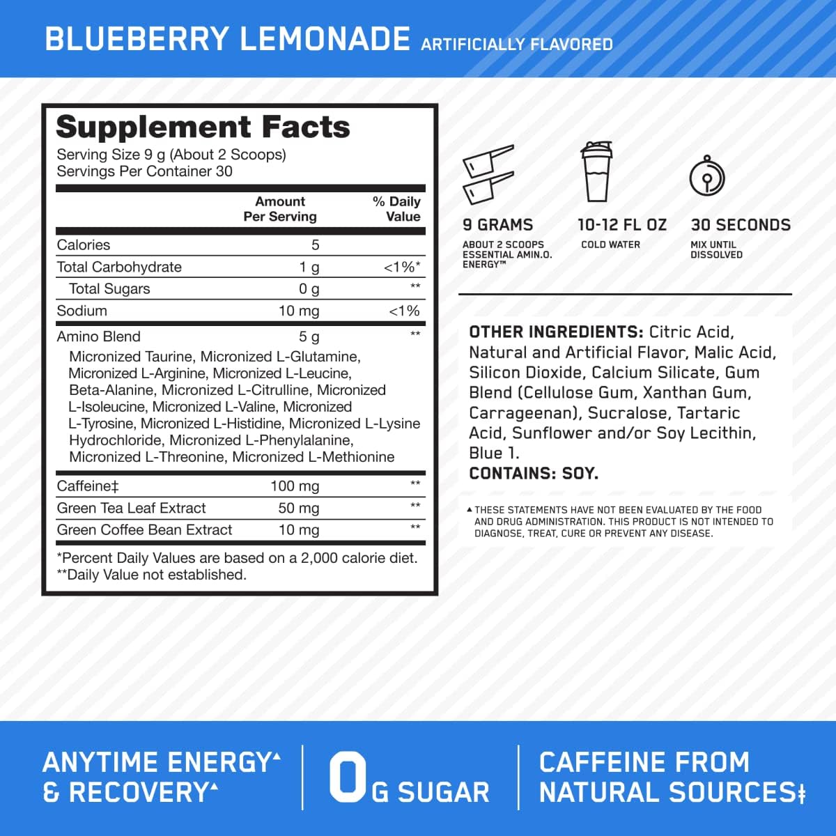 Optimum Nutrition Amino Energy - Pre Workout with Green Tea, BCAA, Amino Acids, Keto Friendly, Green Coffee Extract, Energy Powder - Blueberry Lemonade, 30 Servings (Packaging May Vary) (Pack of 6)