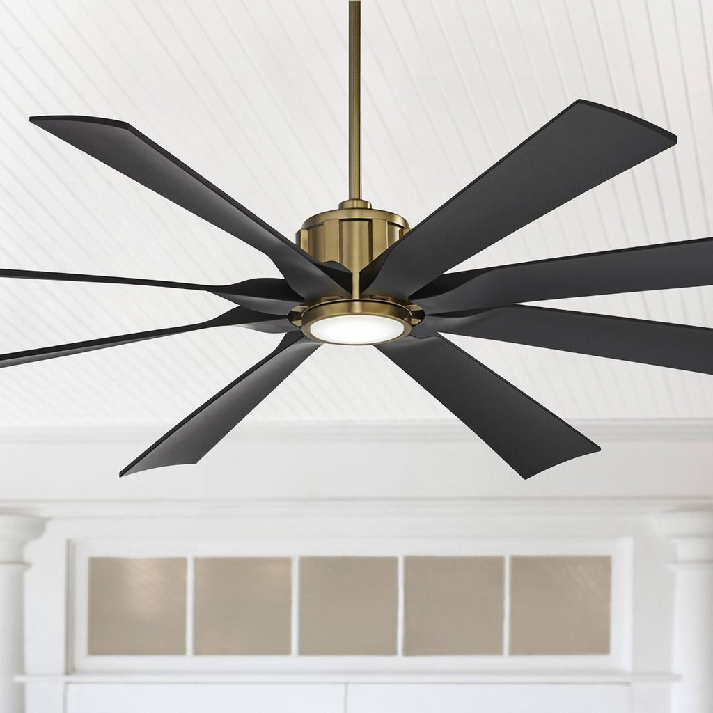 Possini Euro Design 70' Defender Modern Outdoor Ceiling Fan with LED Light Remote Control Soft Brass Matte Black Damp Rated for Patio Exterior House Home Porch Gazebo Garage Barn