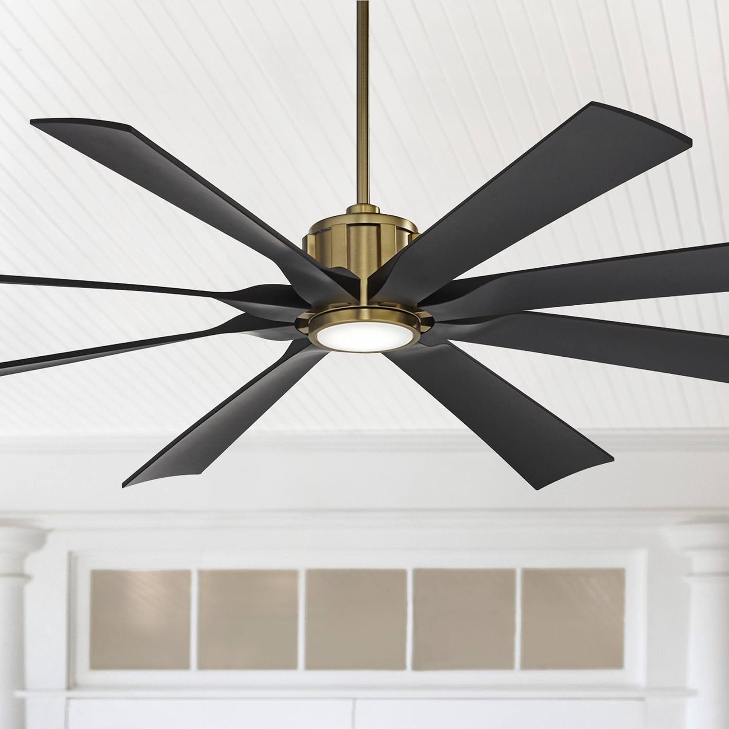 Possini Euro Design 70' Defender Modern Outdoor Ceiling Fan with LED Light Remote Control Soft Brass Matte Black Damp Rated for Patio Exterior House Home Porch Gazebo Garage Barn