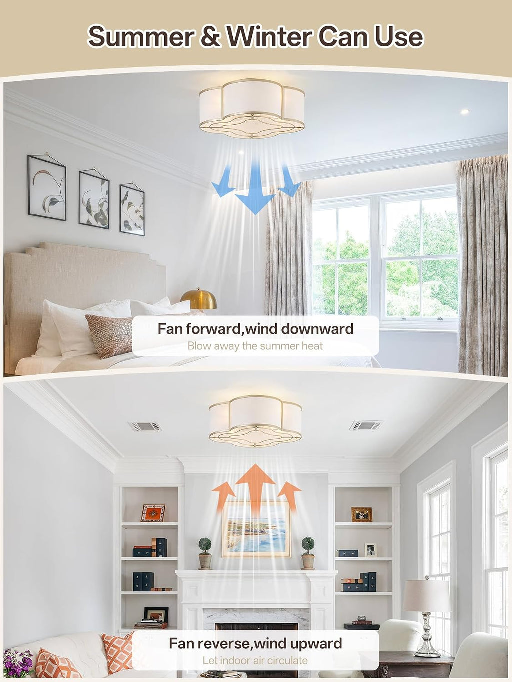Gold Caged Boho Ceiling Fan with Lights, 20' Flush Mount Ceiling Fans with Lights Remote Control, Low Profile Bladeless with 6 Speeds for Bedroom, Nursery, Kitchen