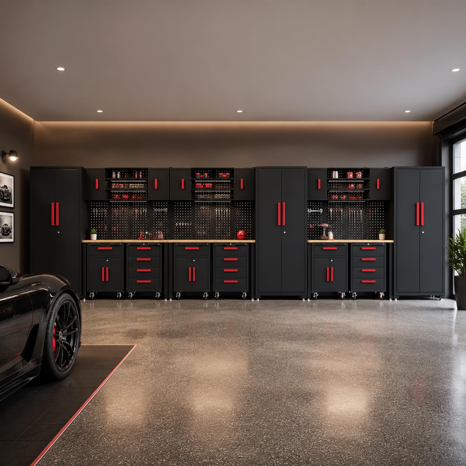 Garage Storage Cabinet System,18Pack Garage Cabinets and Storage System Included Steel Drawers Rolling Chest,Locked Storage Cabinet, Perfect for Organizing Garage and Tools, Red Handle