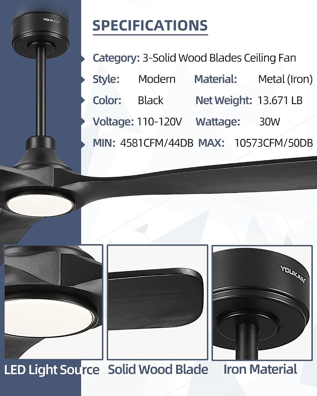 YOUKAIN 72 Inch Ceiling Fan with Light, 3 Black Solid Wood Blade, Remote Control, 3CCT Dimmable LED, 6-Speed Reversible Motor, Propeller Outdoor Ceiling Fans for Patios, 72-YJ817-BK