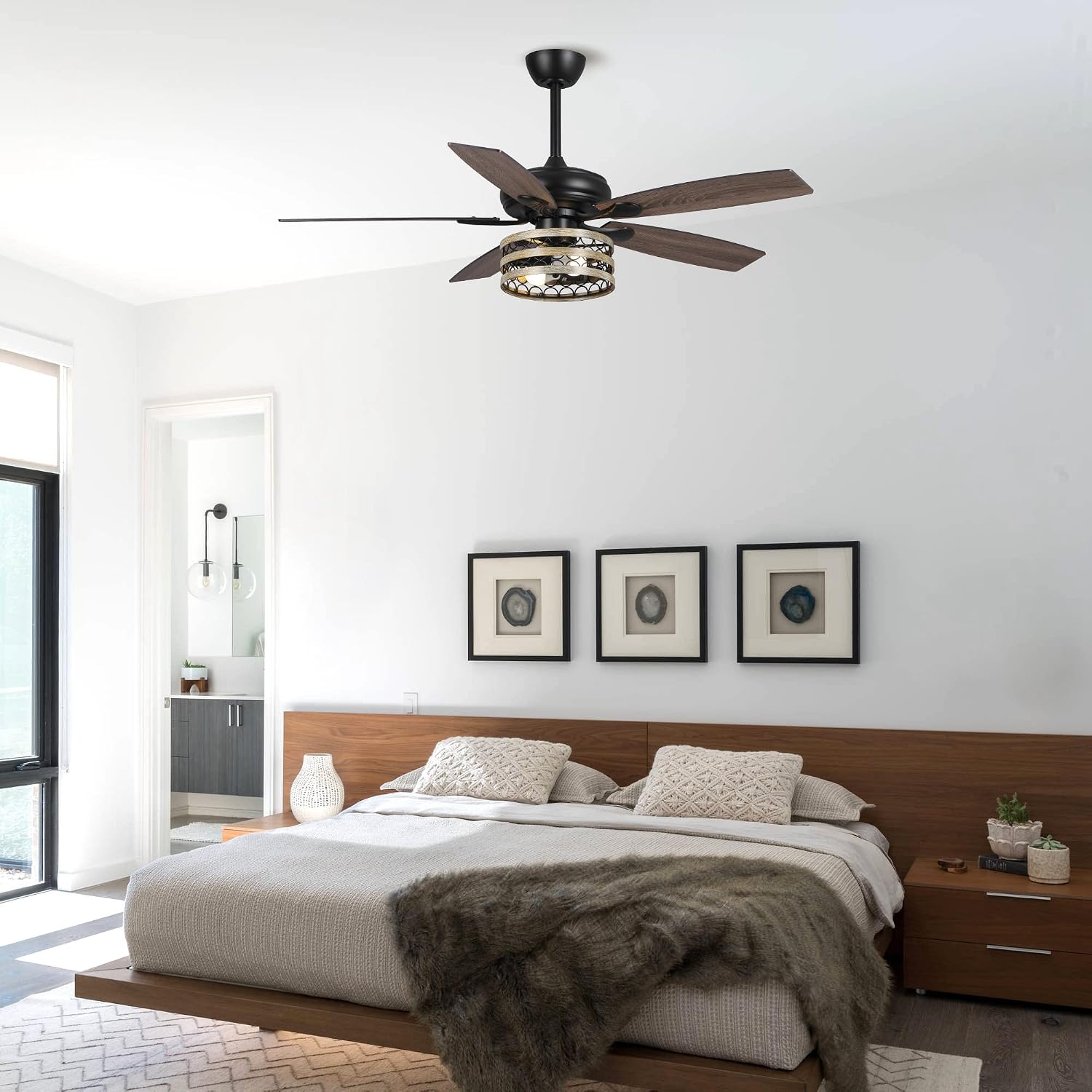 Parrot Uncle Ceiling Fans with Lights and Remote, 52 Inch Farmhouse Ceiling Fan with Light for Bedroom Living Room, Black Outdoor Ceiling Fans for Patios Covered, 3 Speeds, Reversible Airflow