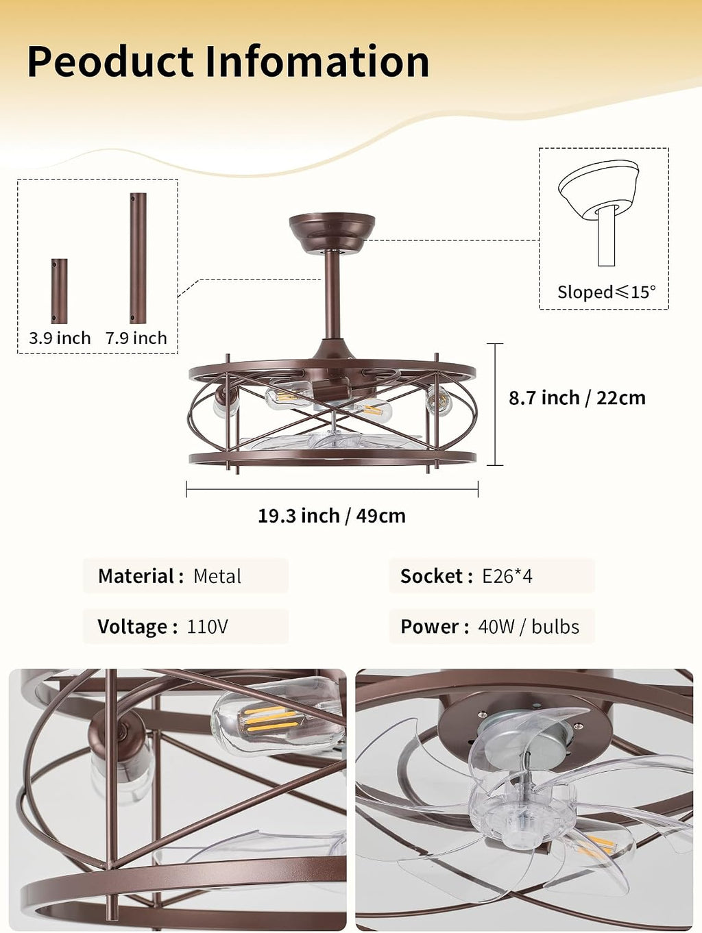 20' Farmhouse Fandelier Ceiling Fan with Light, Caged Bladeless Ceiling Fans with Lights and Remote, Rustic Small Enclosed with 6 Speeds for Bedroom, Kitchen, Living Room, Brown