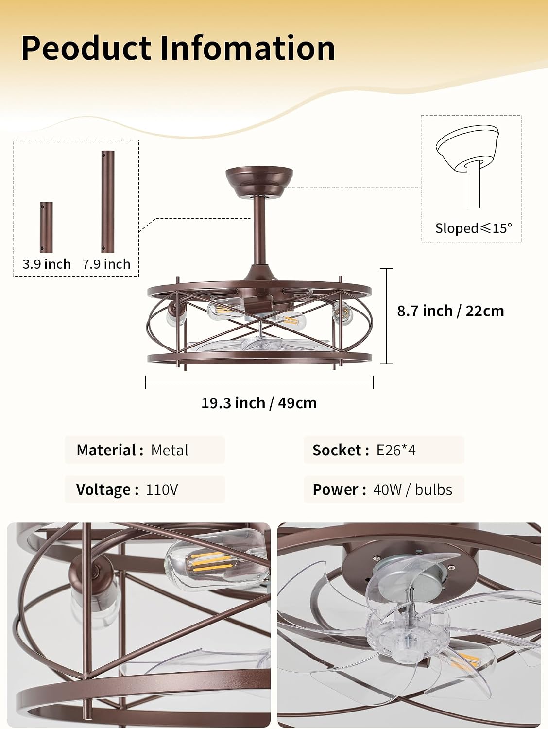 20' Farmhouse Fandelier Ceiling Fan with Light, Caged Bladeless Ceiling Fans with Lights and Remote, Rustic Small Enclosed with 6 Speeds for Bedroom, Kitchen, Living Room, Brown