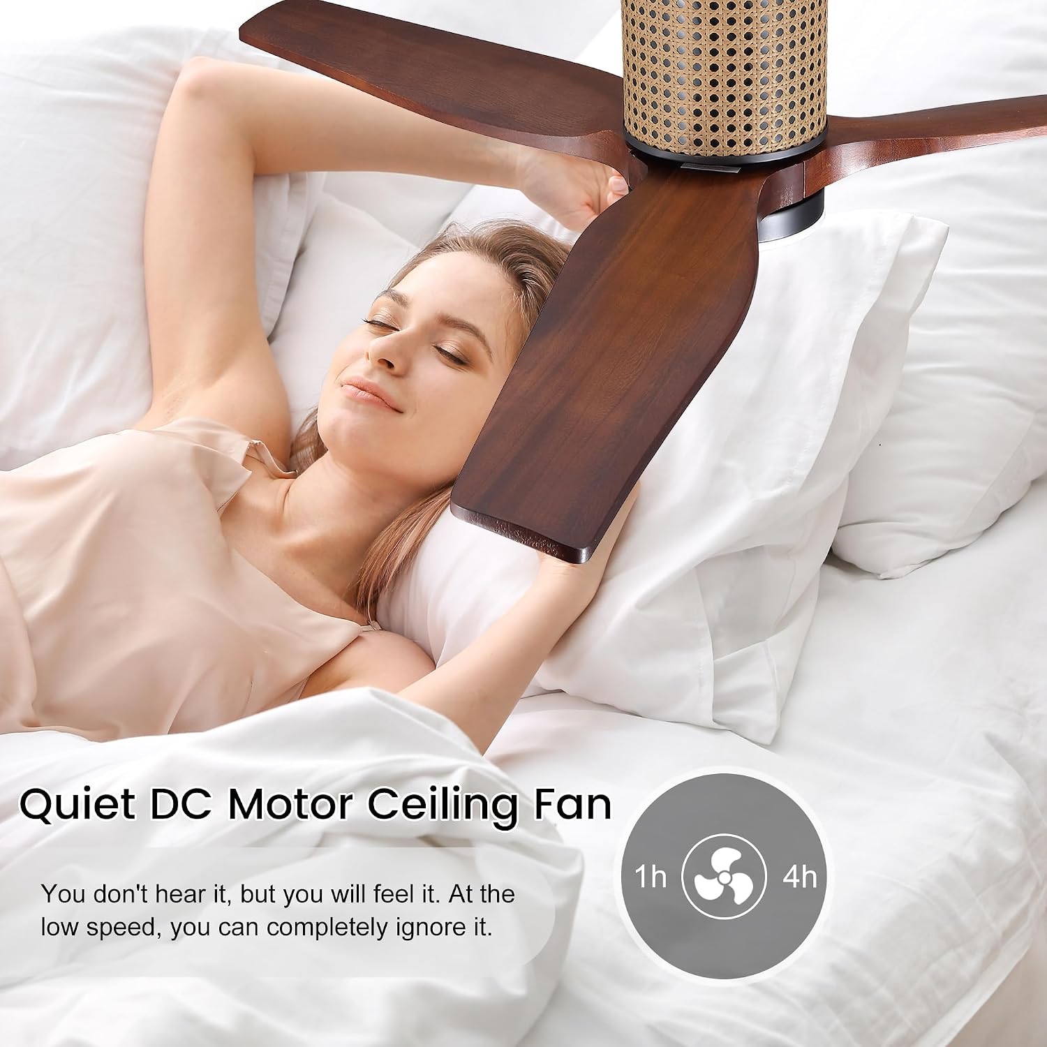 LEDLUX 52' Ceiling Fan with Light - Low Profile Flush Mount Ceiling Fan, 6-Speed Remote Control, Solid Wood, Quiet Reversible DC Motor,Walnut/Black Finish, for Bedroom, Living Room, Porch