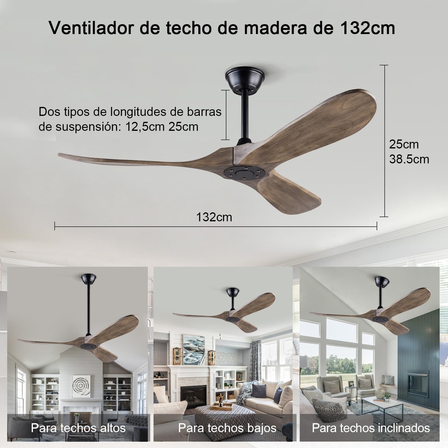 52 Inch Ceiling Fans Without Lights, Indoor/Outdoor Ceiling Fan no Light,3 Solid Wood Blades, Black Ceiling Fan for Living Room Patios Bedroom Porch (Gray Drawing Lines Blades)