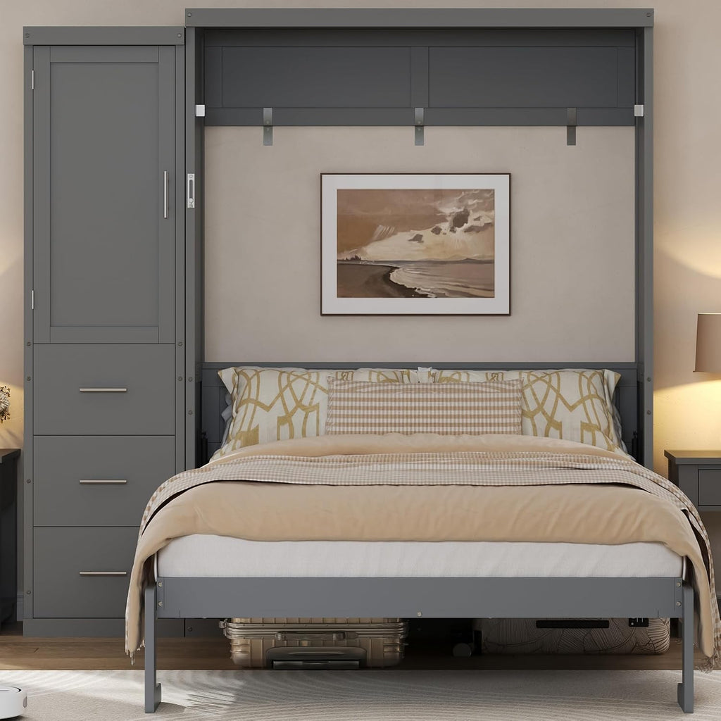 SOFTSEA Full Size Murphy Bed with Wardrobe and Storage Drawers, Farmhouse Wood Hidden Wall Bed Frame, Can be Folded into a Cabinet, No Box Spring Needed, Grey