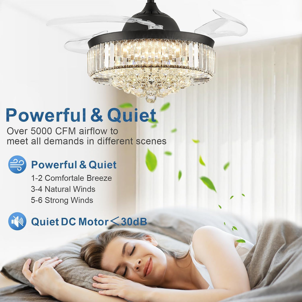 FIDGRA 42'' Fandelier Ceiling Fan with Light, Retractable Chandelier Fan, 3 Color Temperature, 6 Wind Speed, Crystal Ceiling Fan for Bedroom Living Room Dining Room-Black