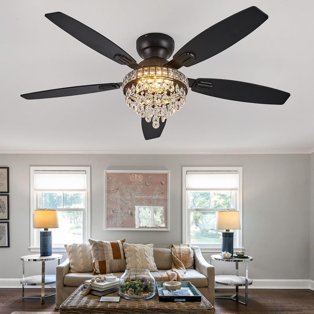 Crystal Ceiling Fan Fandelier with Lights-Ceiling Fans with Lights,54' Low Profile and Remote Control, Flush Mount, Reversible, Dimmable, Noiseless, Black Ceiling Fan for Bedroom