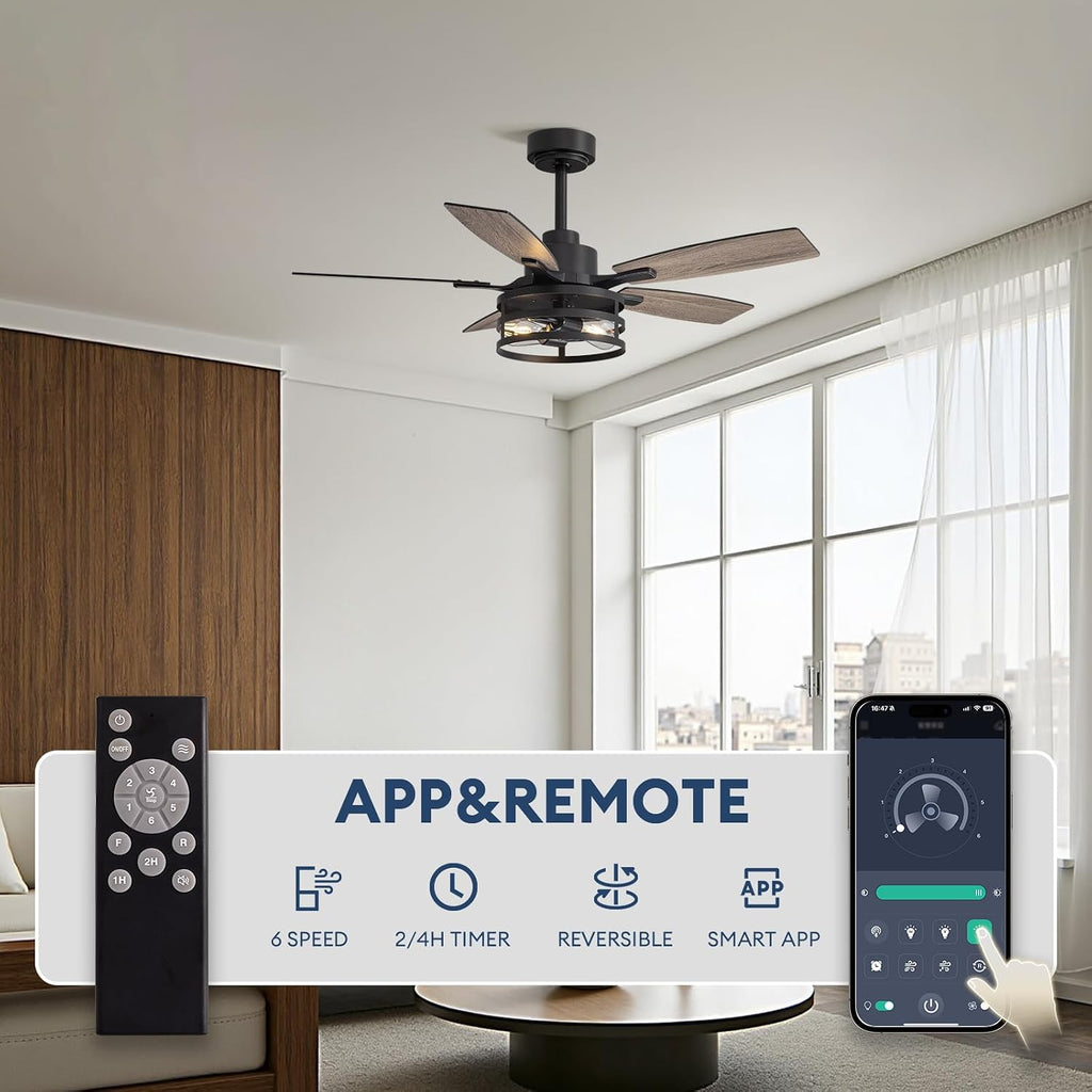 42 Inch Flush Mount Ceiling Fans with Lights and Remote Control, Farmhouse Ceiling Fan with LED Lighting for Bedroom Living Room and Patio, Black Caged Ceiling Fan for Indoor and Outdoor(NO Bulbs)