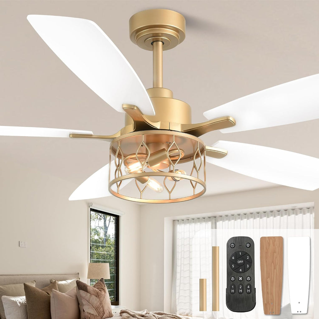 52' Farmhouse Ceiling Fans with Lights and Remote,Chandelier Ceiling Fan with 5 Double Colour Blades,Reversible DC Motor,Rustic Caged Ceiling Fan for Living Room,Dining Room,Bedroom