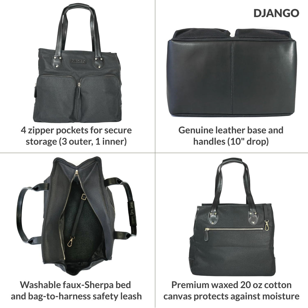 DJANGO Waxed Canvas & Leather Dog Carrier Tote Bag – Premium Soft-Sided Travel Dog Purse with Safety Leash, WR Lining, & Large Zipper Pockets – Everyday Pet Carrier for Small Dogs (Black, Medium)