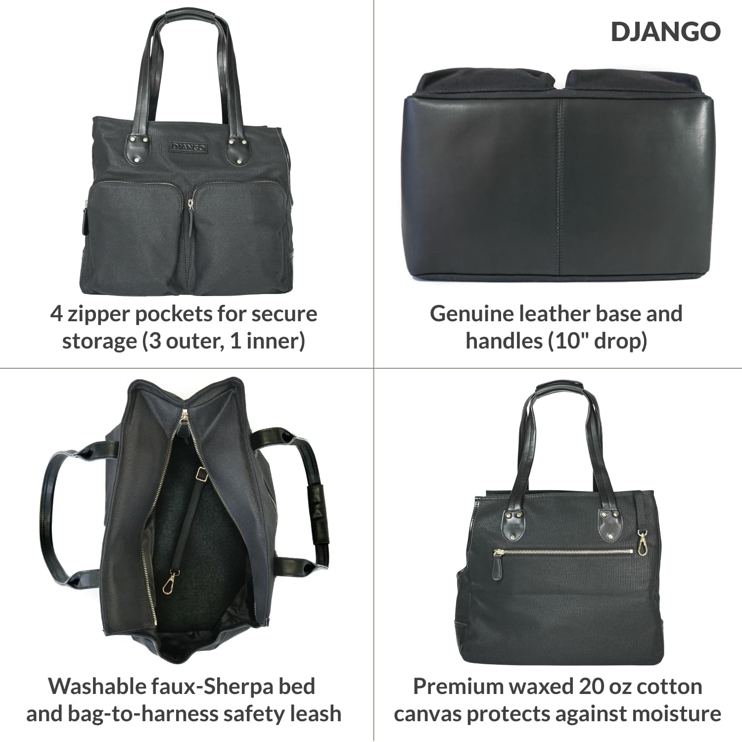 DJANGO Waxed Canvas & Leather Dog Carrier Tote Bag – Premium Soft-Sided Travel Dog Purse with Safety Leash, WR Lining, & Large Zipper Pockets – Everyday Pet Carrier for Small Dogs (Black, Medium)