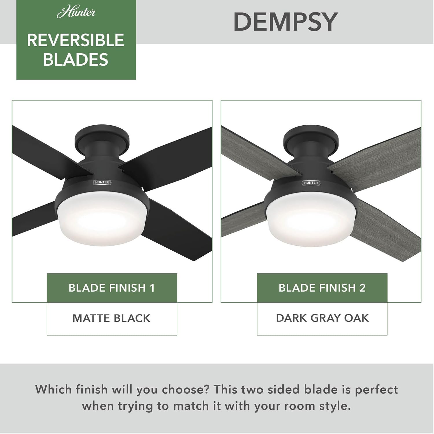 Hunter 44 inch Indoor Ceiling Fan with LED Light and Remote Control - Black Modern Ceiling Fan, Low Profile Mount, 4 Blades, For Bedroom, Living Room, or Kitchen, Quiet - Dempsey 52390, Matte Black