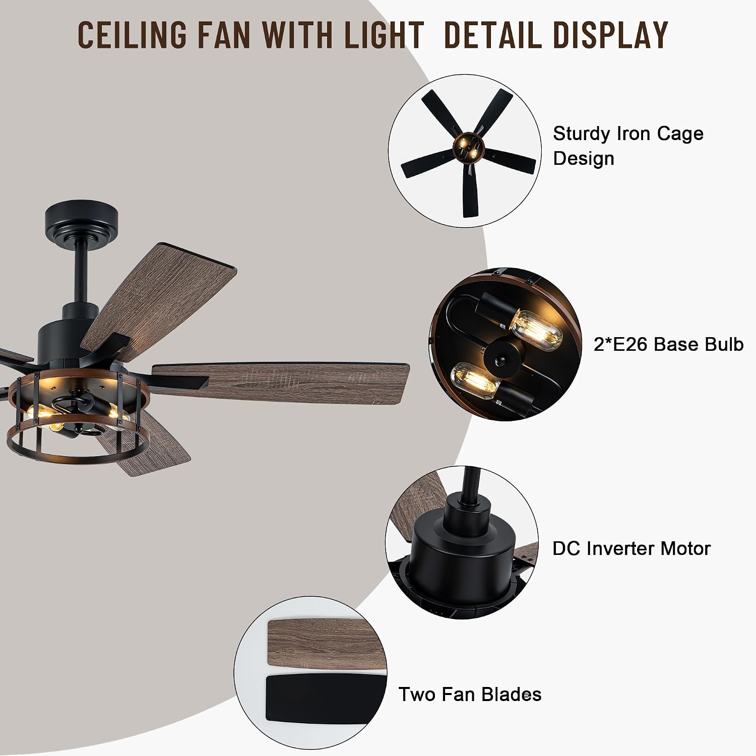 52' Farmhouse Ceiling Fans with Lights, Caged Ceiling Fan with Light and Remote,Reversible Motor,5 Double Finish Wood Blades,Black Rustic Industrial Ceiling Fan for Living Room/Dining Room