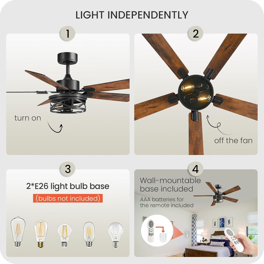 2 PACK 52 Inch Farmhouse Ceiling Fans with Lights and Remote, Timer, Dual Finish 5 Blades (Walnut and Black), 6 Speeds, Reversible DC Motor, Rustic & Industrial Caged Ceiling Fan FB01CFP205