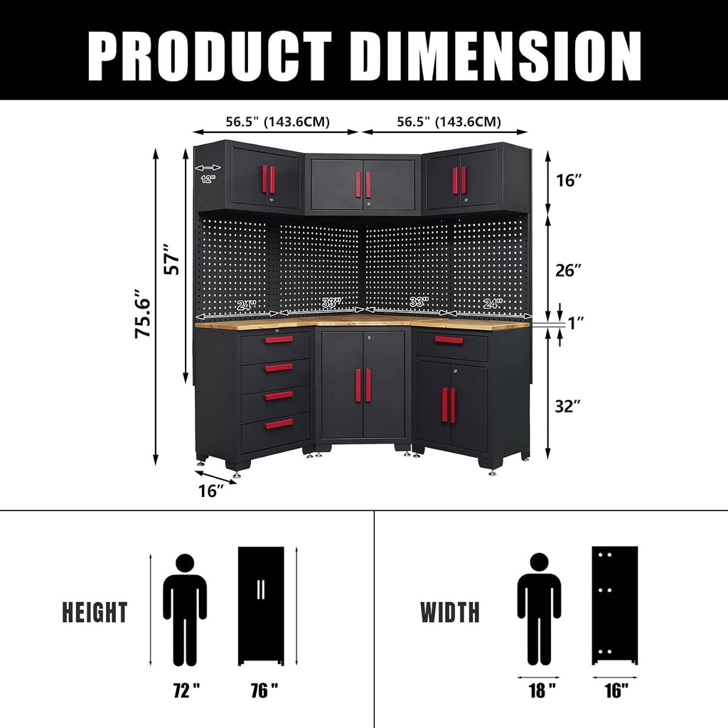 Corner Workshop Set,10Pcs Garage Cabinets and Storage System with Corner Cabinet, Cabinet Drawers, Workbench, Pegboard for Tool Organization, Red Handle