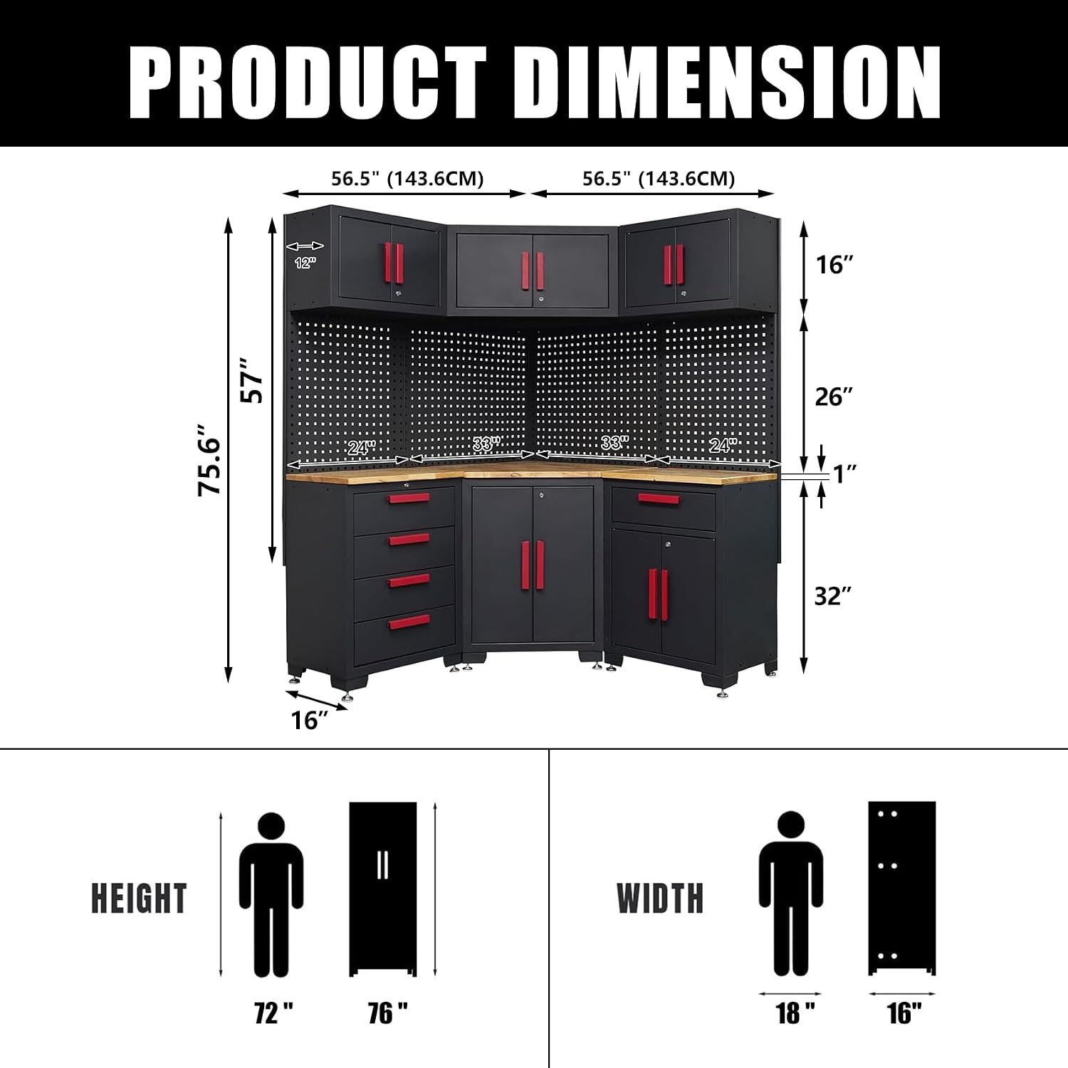 Corner Workshop Set,10Pcs Garage Cabinets and Storage System with Corner Cabinet, Cabinet Drawers, Workbench, Pegboard for Tool Organization, Red Handle