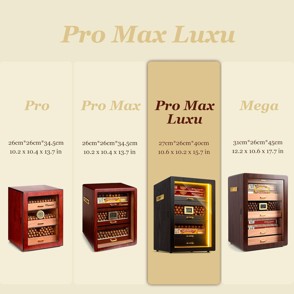 Cigar Humidor, Desktop Humidor Cabinet Triple-Sided Light with Digital Hygrometer, Humidifier and Humidity Packs. 4 Cedar Wood Drawers, Cigar Humidor Box can Hold 200 Cigars,Present for Men