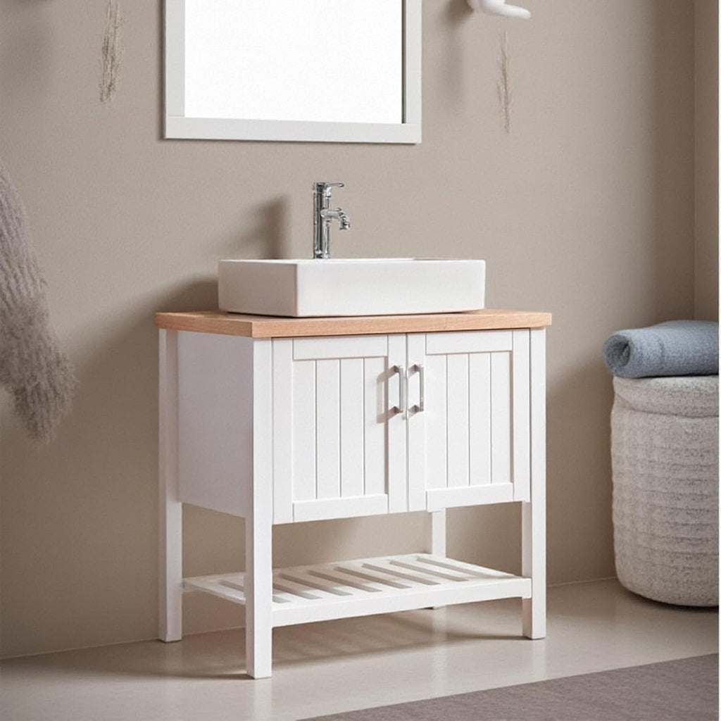 32' Farmhouse Single Bathroom Vanities, Wooden Bathroom Vanity with Sink Combo, Wood Slat Door Freestanding Single Bath Storage Cabinet with 2 Doors & Open Shelf, Cabinet