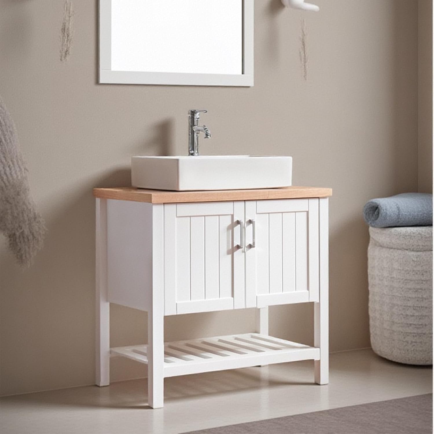 32' Farmhouse Single Bathroom Vanities, Wooden Bathroom Vanity with Sink Combo, Wood Slat Door Freestanding Single Bath Storage Cabinet with 2 Doors & Open Shelf, Cabinet