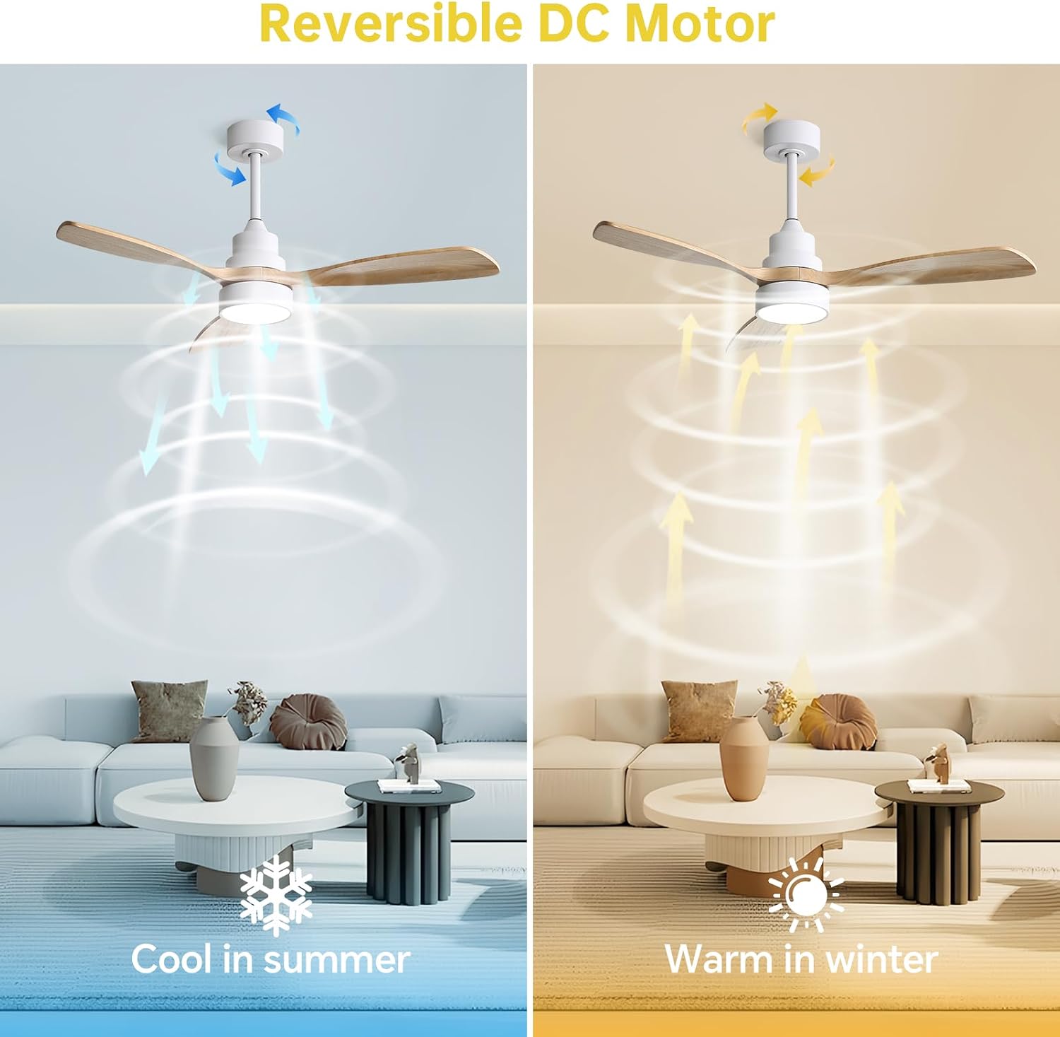 CACI Mall 48 inch Ceiling Fans with Lights, Smart Indoor/Outdoor Ceiling Fan, Remote Control, Compatible with Alexa/Google, Small 3 Blade Solid Wood Ceiling Fans for Bedroom Patio