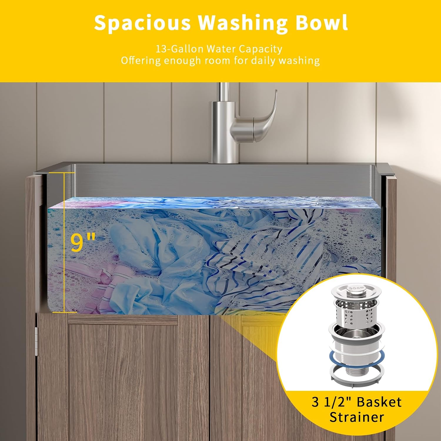 VINGLI's 24-Inch Laundry Sink comes with a pull-out sprayer faucet and Brown cabinet. This stainless steel utility sink with cabinet is ideal for laundry and utility rooms, kitchens