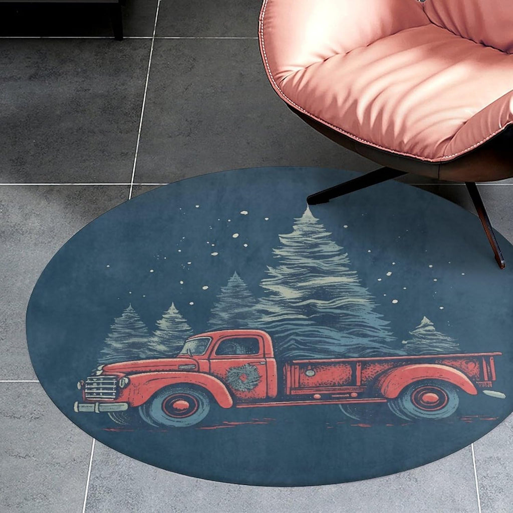 Red Truck with Christmas Tree Coral Velvet Round Floor Mat Non-Slip Bath Rug Floor Covering for Bathroom Vanity Guest Suite & Vacation Home