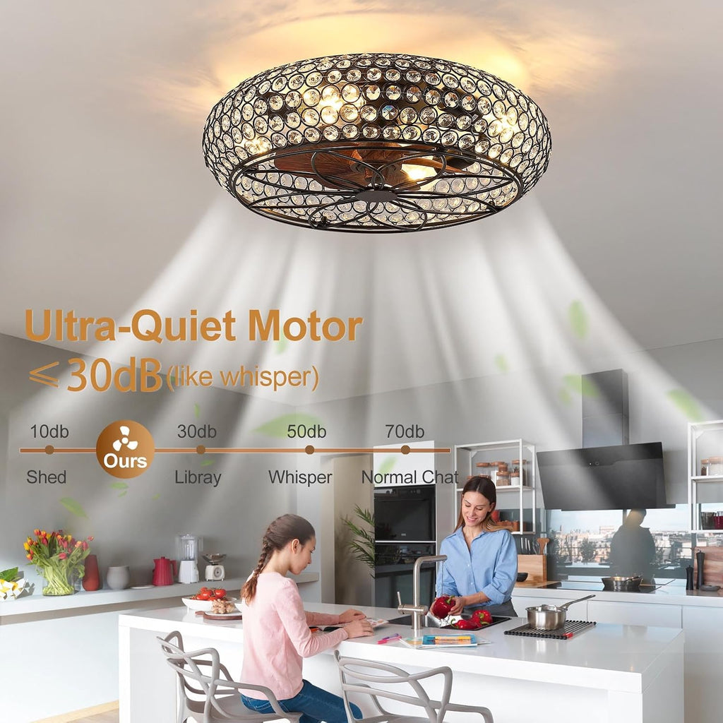 Modern Fandelier Crystal Ceiling Fans with Lights and Remote, 20-Inch Low Profile Bladeless Flush Mount Caged Ceiling Fan for Bedroom, Kitchen,Living Room,Small Ceiling Fan with Light with 6 Speed