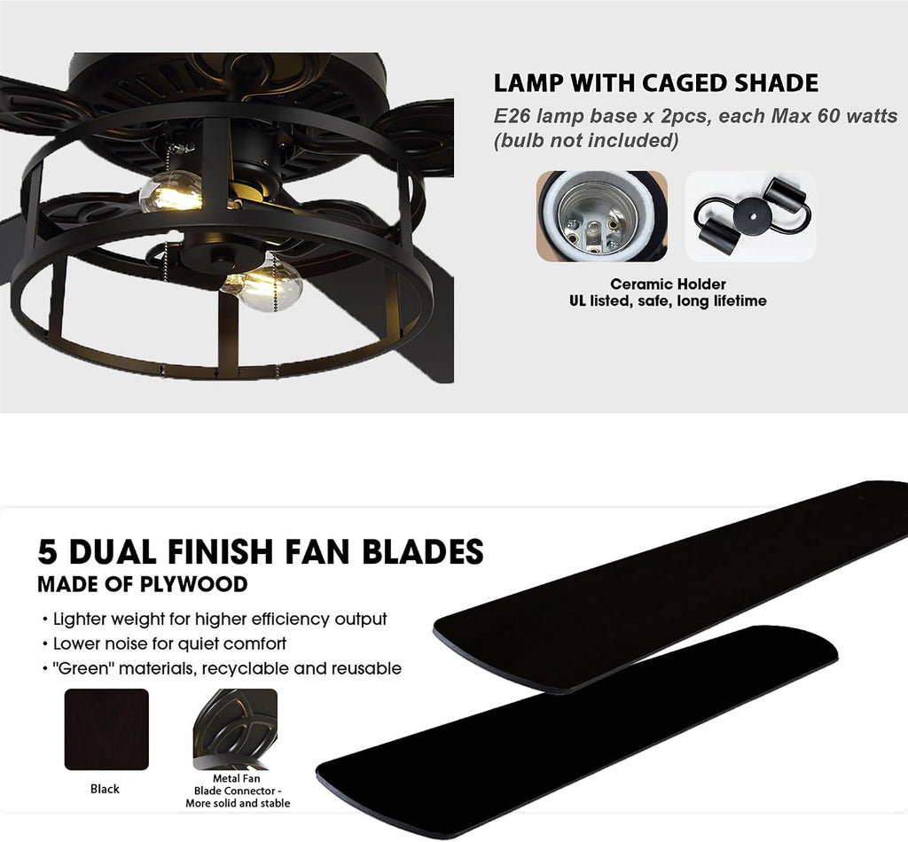 52 Inch Ceiling Fans with Lights, Farmhouse Black Ceiling Fan for Bedroom Living Room, Rustic Outdoor Ceiling Fans for Patios, Pull Chain Control, 3 Speeds, Reversible Airflow, ETL
