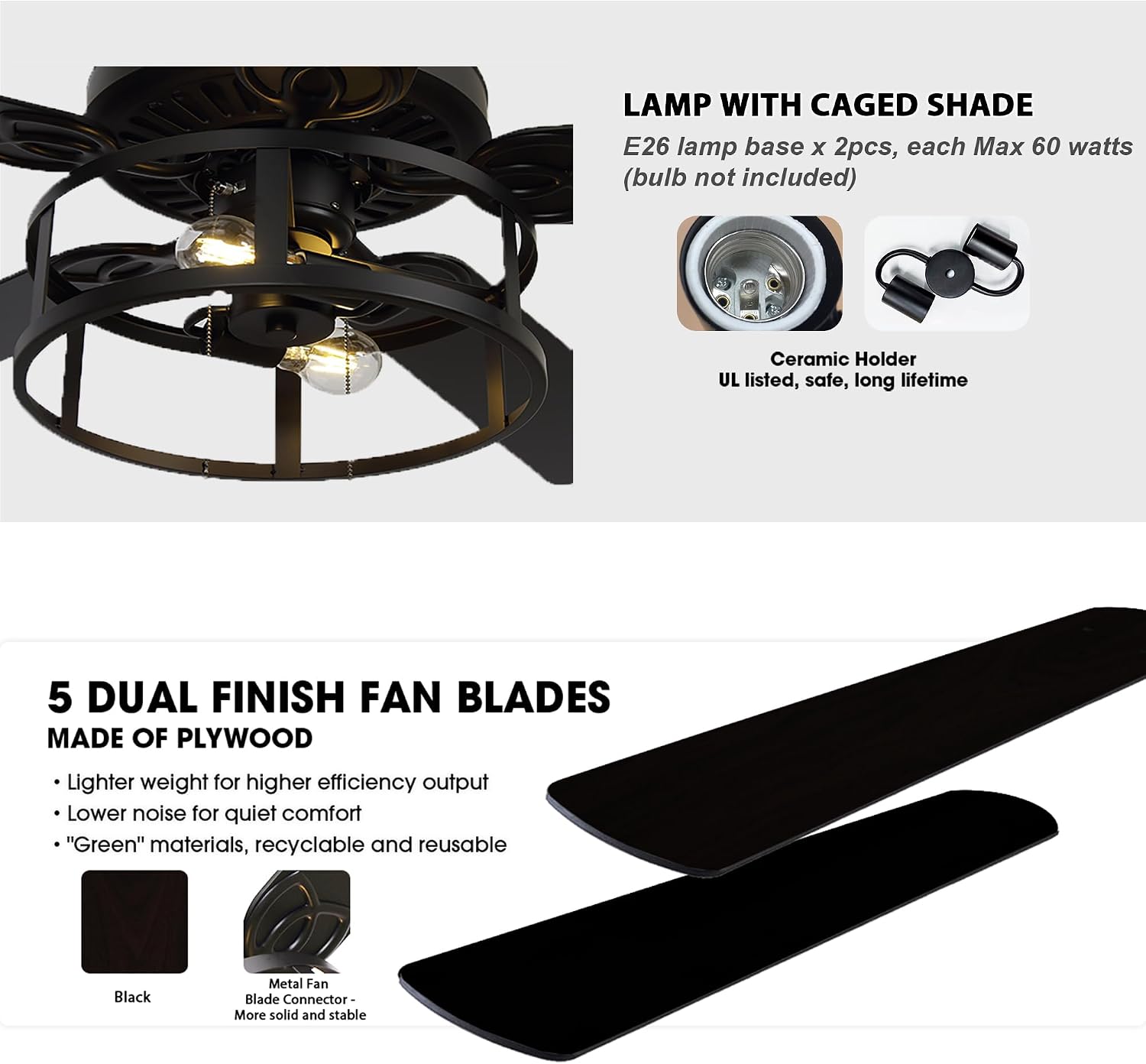 52 Inch Ceiling Fans with Lights, Farmhouse Black Ceiling Fan for Bedroom Living Room, Rustic Outdoor Ceiling Fans for Patios, Pull Chain Control, 3 Speeds, Reversible Airflow, ETL