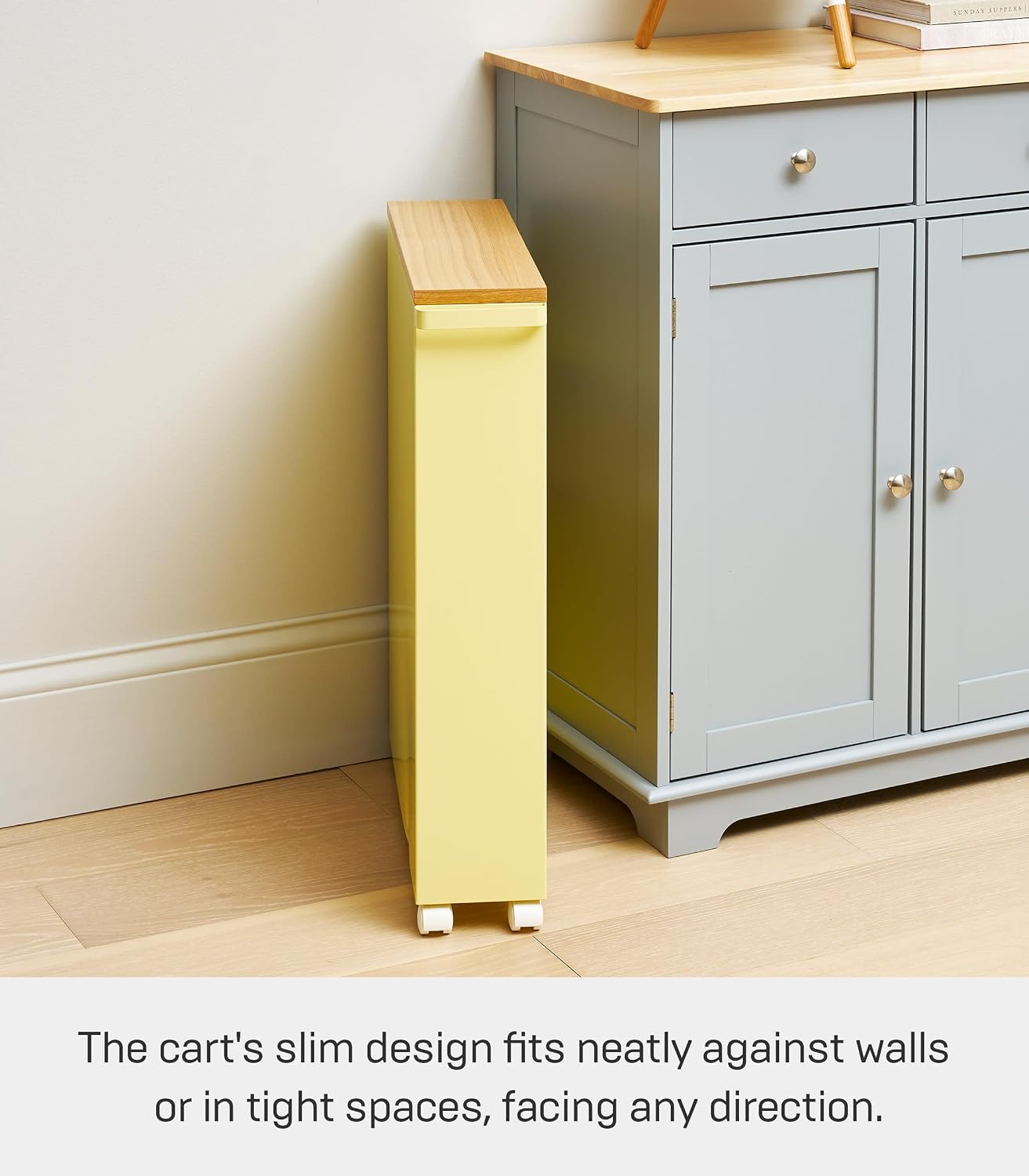 YAMAZAKI Home Slim Rolling Storage Cart – Narrow Bathroom Storage Cabinet with Handle, Slim Bathroom Storage Cart with Wheels, Easy Assembly, Steel + Wood, Yellow, 27' - Steel -