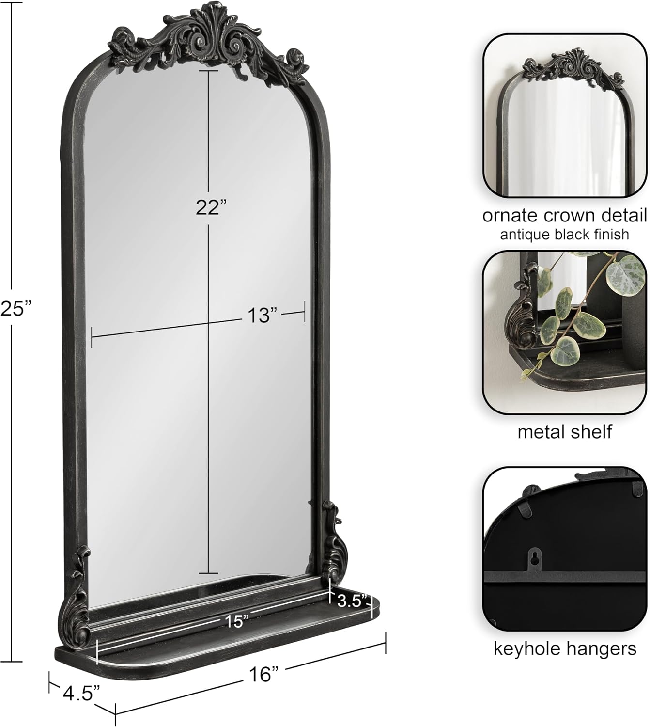 Kate and Laurel Arendahl Traditional Vintage Arch Mirror with Shelf, 16 x 25, Black, Baroque Antique Arched Wall Mirror with Functional Shelf and Ornate Frame
