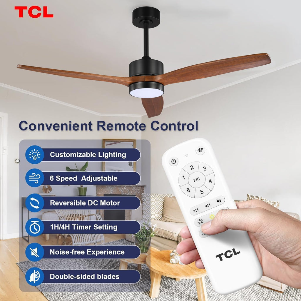 TCL Ceiling Fans with Light and Remote: 52 inch 3 Wooden Blades 3 Dimmable LED Fan for Room Indoor Modern Farmhouse Decor - 6 Speed Memory DC Reversible Fan Lights (Walnut, 52 Inch)