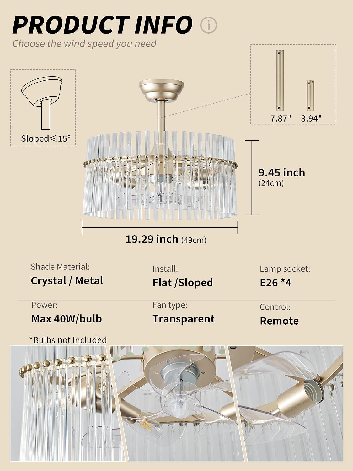 SYDACG 20' Gold and Clear Crystal Fandelier Ceiling Fan with Light, Mid-Century Chandelier Ceiling Fan with Light Remote Control, 6 Speeds for Bedroom, Nursery, Living Room