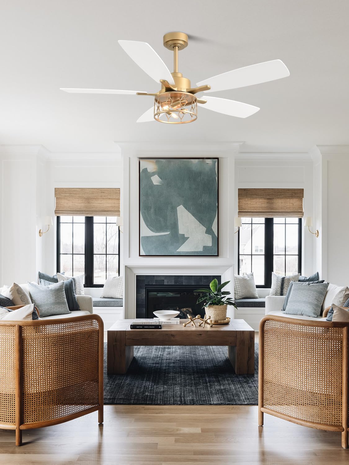 52 Inch Modern Ceiling Fan with Light White and Gold Ceiling Fan Quiet and Reversible DC Motor Chandelier Fan for Living Room Bedroom Patio