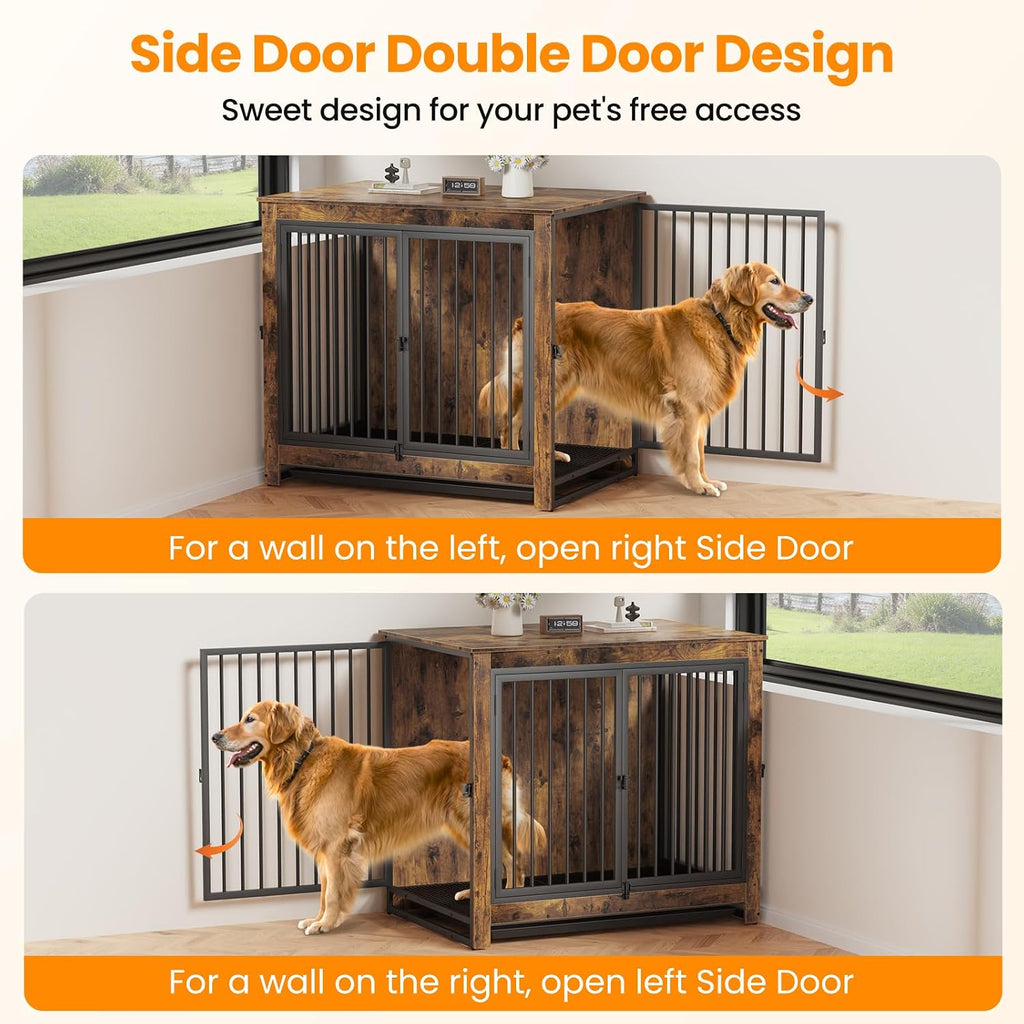 Derfullo Dog Crate Furniture, 42 Inch Indoor Large Dog Kennel for Medium to Large Dogs Up to 70 LBS, Heavy Duty Wooden Pet Cage End Table with 3 Doors, Alloy Steel Frame & Removable Tray