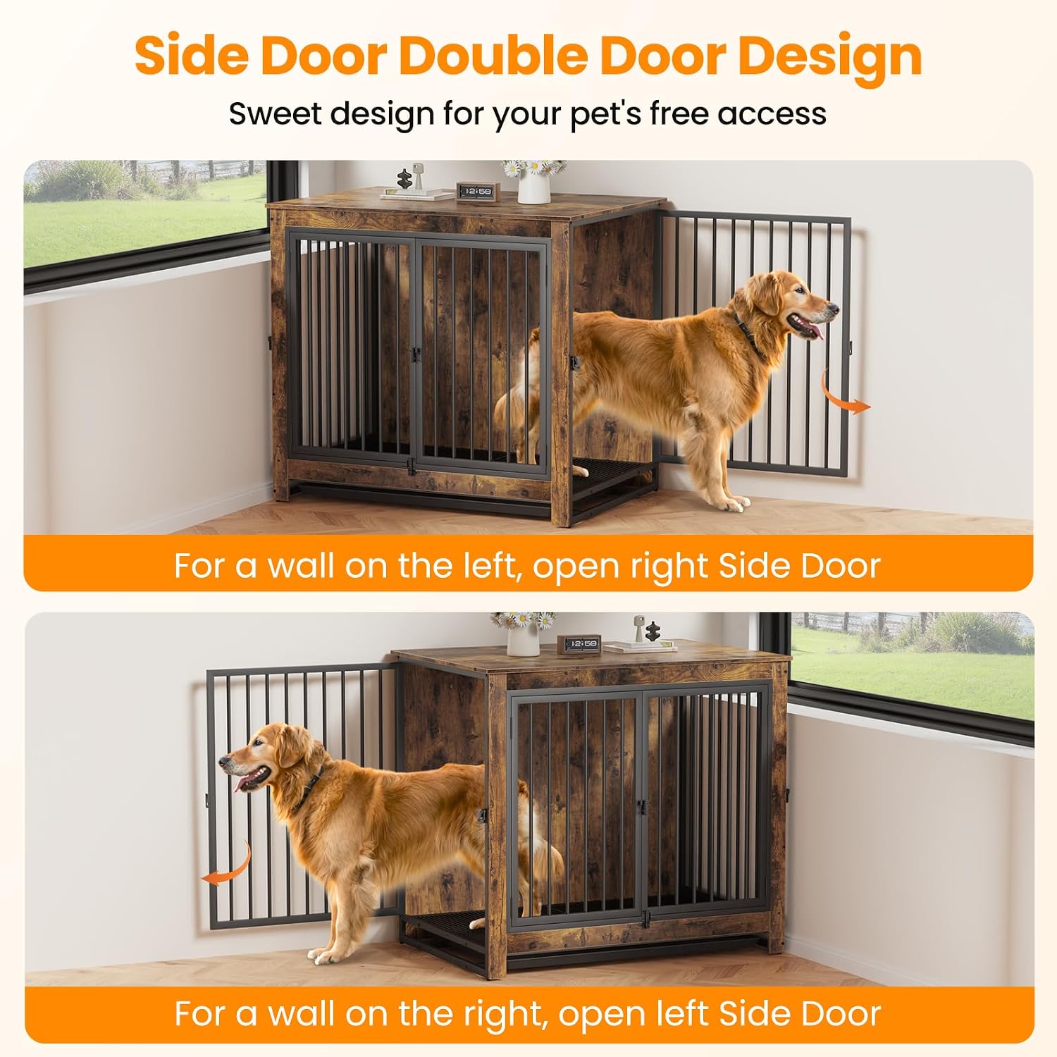 Derfullo Dog Crate Furniture, 42 Inch Indoor Large Dog Kennel for Medium to Large Dogs Up to 70 LBS, Heavy Duty Wooden Pet Cage End Table with 3 Doors, Alloy Steel Frame & Removable Tray