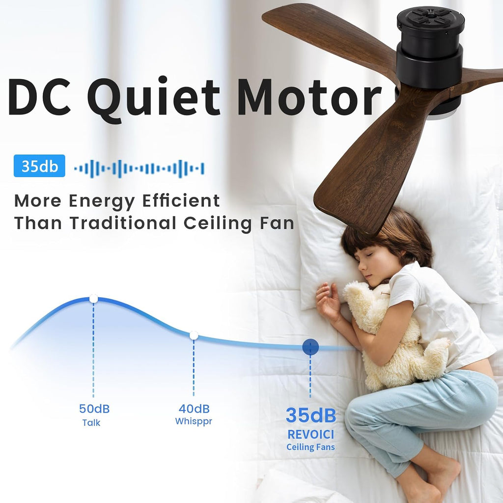 52 Inch Ceiling Fans with Lights Remote, Amber solid wood Low Profile Flush Mount Ceiling Fan with Light, Timing Silent Reversible DC Motor LED Fan Lighting Indoor Outdoor Fans for Farmhouse Bedroom
