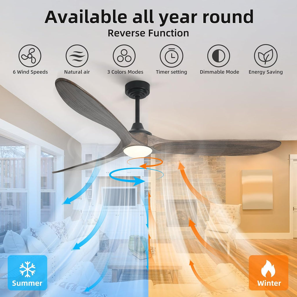 Ceiling Fan with Lights, 72'' Solid Wood Indoor/Outdoor Ceiling Fan with Quiet Reversible DC Motor, Compatible with Alexa/Google, 3CCT Dimmable, 6 Speeds Dark Brown Outdoor Fan for Patio Porch
