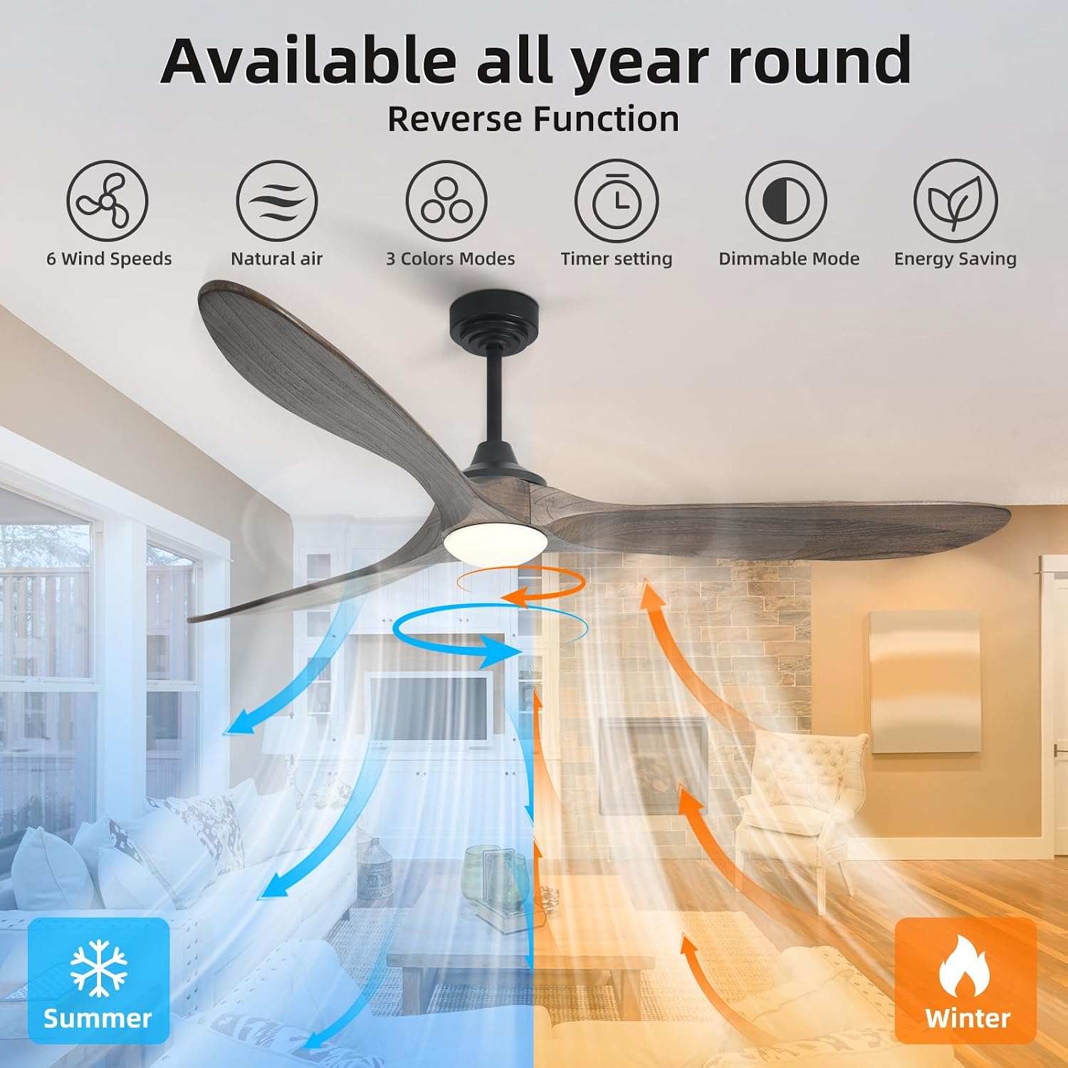 Ceiling Fan with Lights, 72'' Solid Wood Indoor/Outdoor Ceiling Fan with Quiet Reversible DC Motor, Compatible with Alexa/Google, 3CCT Dimmable, 6 Speeds Dark Brown Outdoor Fan for Patio Porch