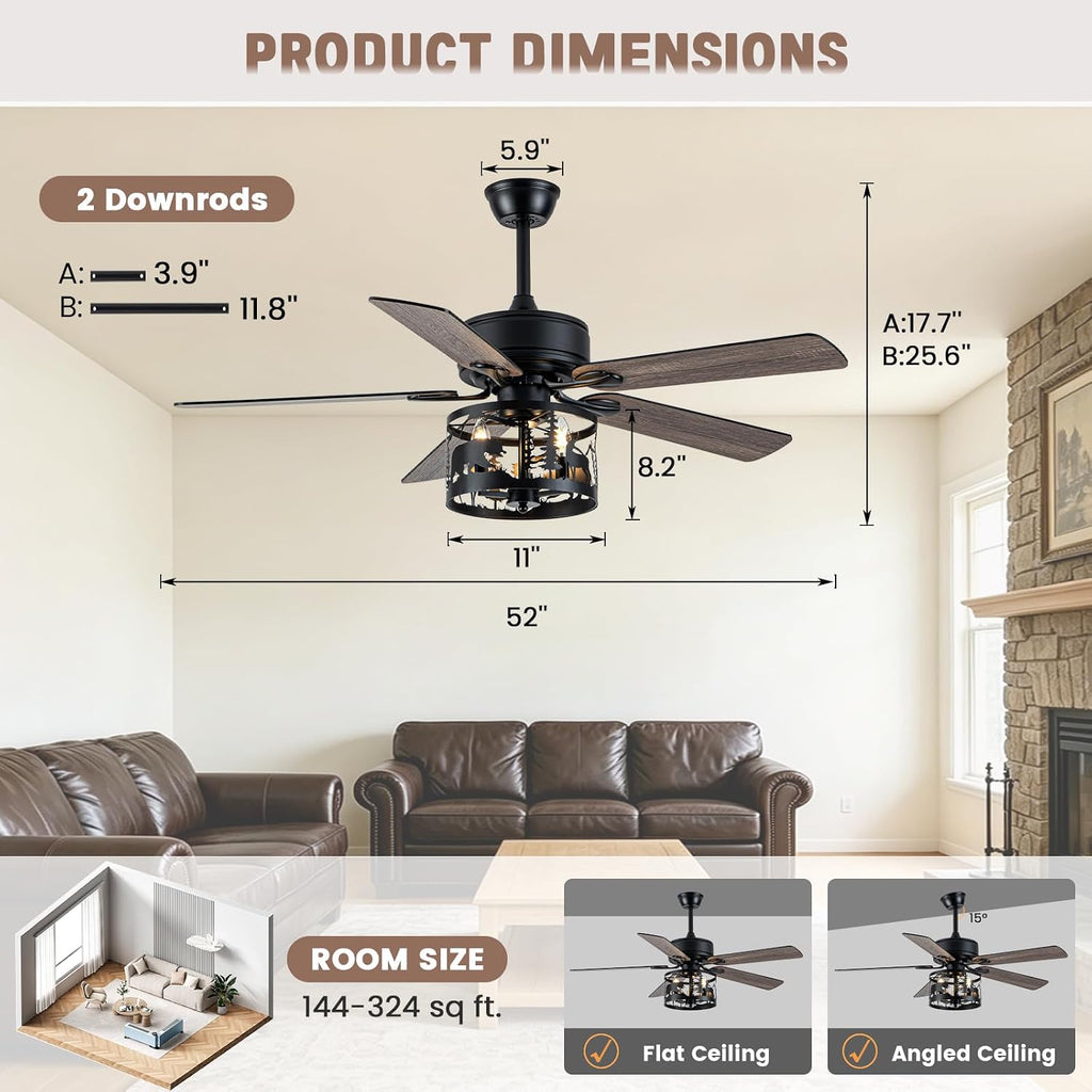 52' Farmhouse Ceiling Fan with Light and Remote, Rustic Fandelier Ceiling Fan with Deer & Bear Cut-out Drum Cage, Quiet Reversible DC Motor for Bedroom, Living Room, Kitchen, Black