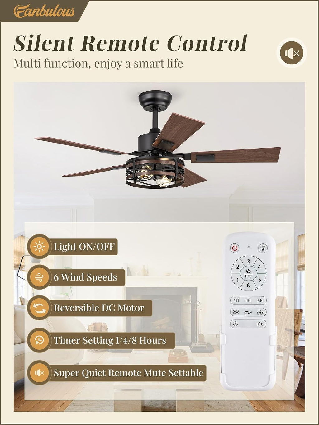Fanbulous Farmhouse Ceiling Fans with Light, 42 Inch Bedroom Ceiling Fan with Lights, 6-Speed Adjustable, Quiet and Reversible DC Motor, Dual Finish 5 Blades, Rustic Caged Ceiling Fan for Living Room