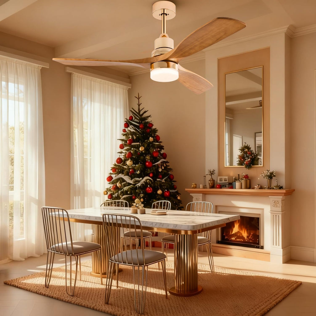 Modern Indoor Ceiling Fan with Light Remote Control,3 Solid Wood Blades,6 Speed DC Motor,22W Dual Color LED, Outdoor Ceiling Fan Chandelier for Living Room,Bedroom,Patio,Dining Room (Glossy Gold 48in)