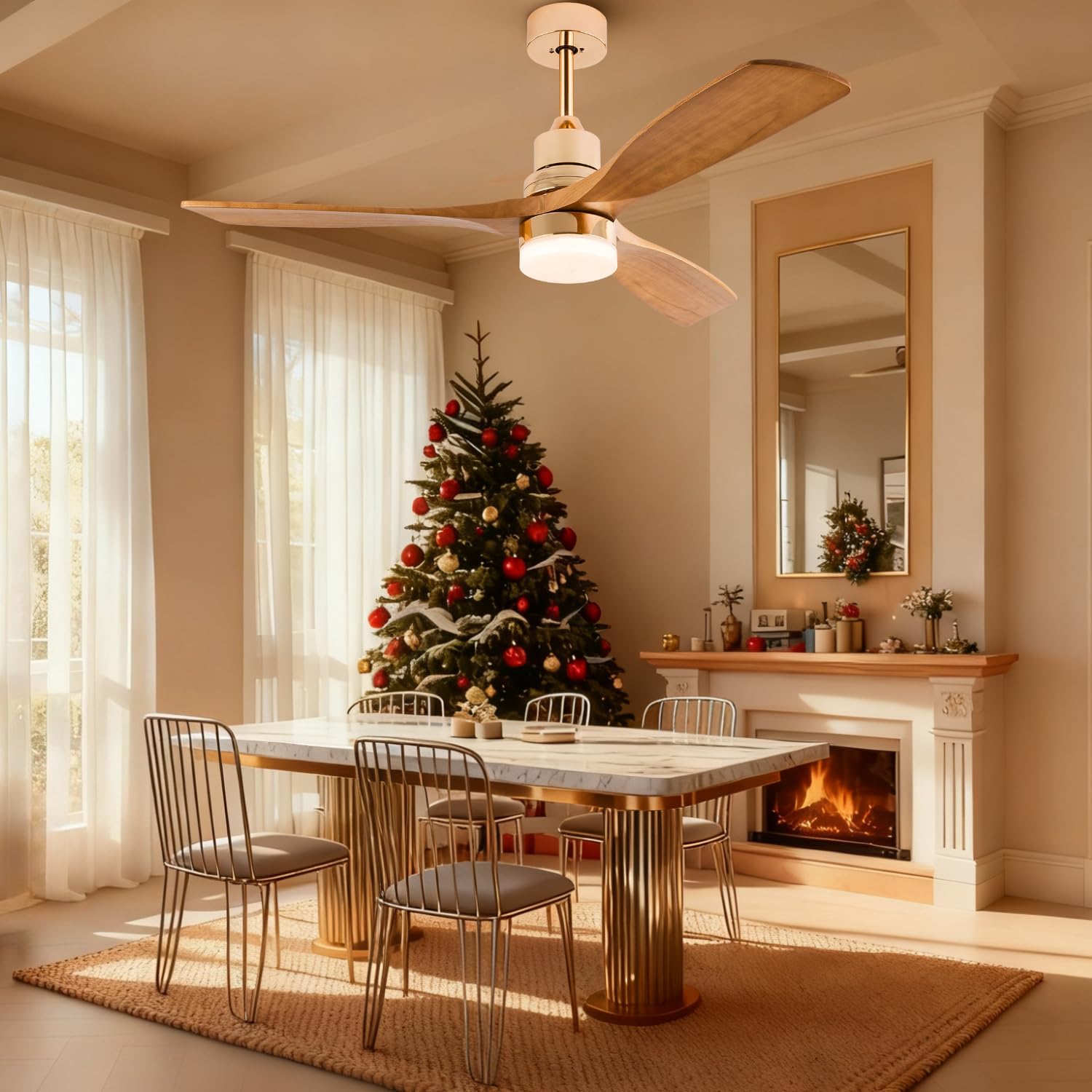 Modern Indoor Ceiling Fan with Light Remote Control,3 Solid Wood Blades,6 Speed DC Motor,22W Dual Color LED, Outdoor Ceiling Fan Chandelier for Living Room,Bedroom,Patio,Dining Room (Glossy Gold 48in)