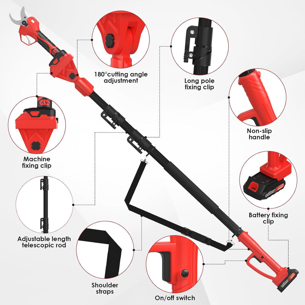 Electric Pruning Shears with Telescopic Rod, 50mm 1.96' Cutting Diameter Cordless Pruner with 2 Rechargeable Batteries, Tree Branch Cutter with SK7 Blade for Gardening Pruning