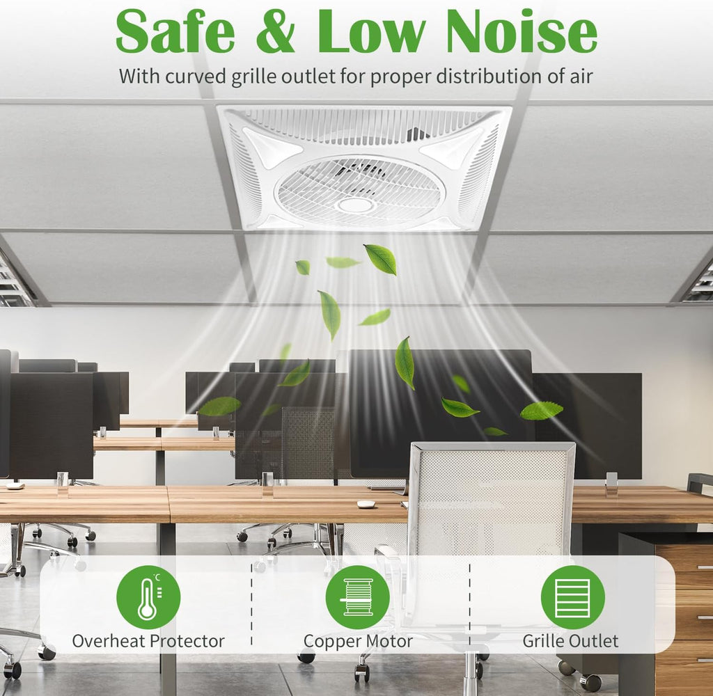 Drop Ceiling Fan with LED Lights, Flush Mount Ceiling Fans with 6 Wind Speeds and Timer, Low Profile Square Fan for Office Ventilation and Lighting