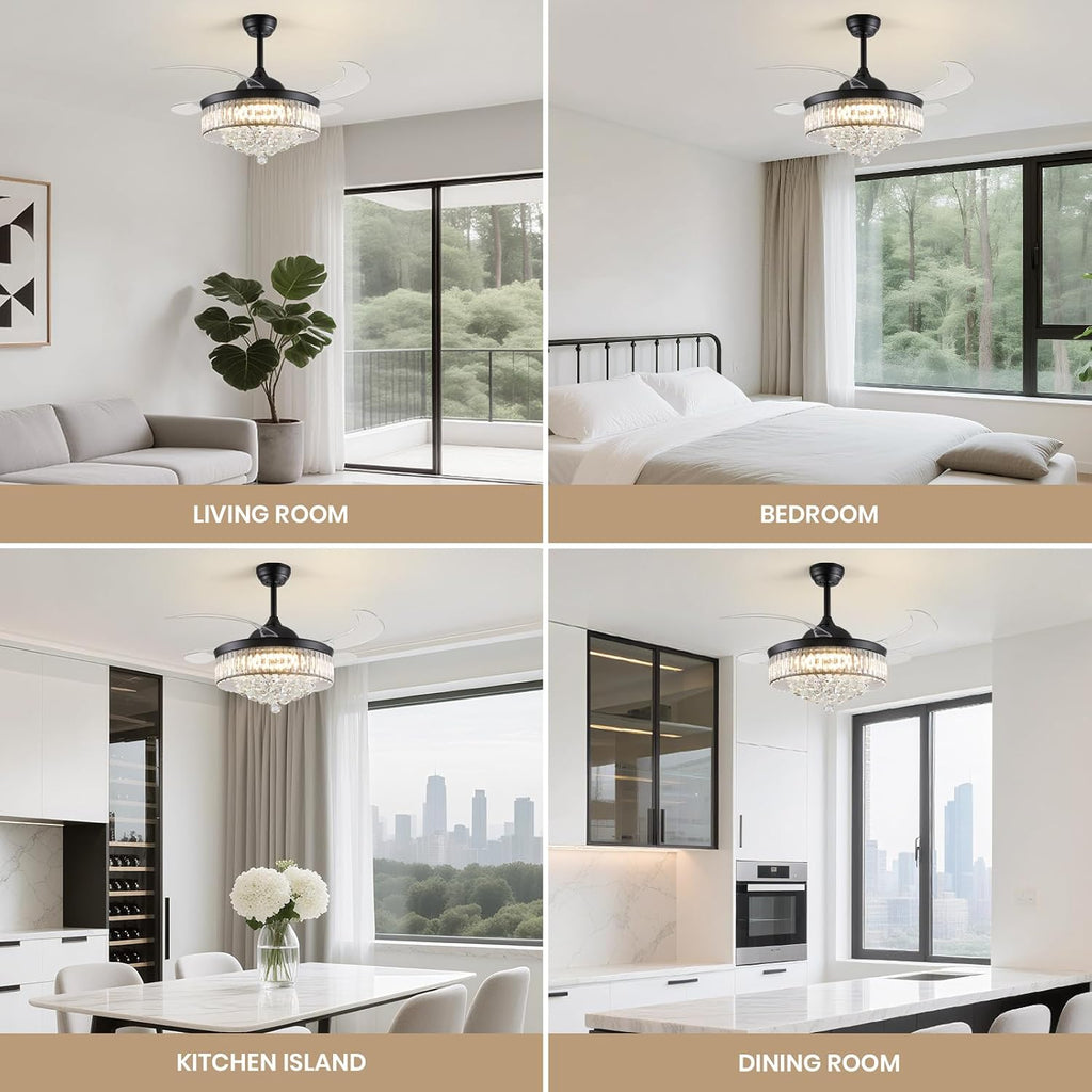 Fandelier Ceiling Fan with Light, 42'' Retractable Ceiling Fans,Crystal Chandelier Fan with LED Dimmable for Bedroom Living Room etc-Black